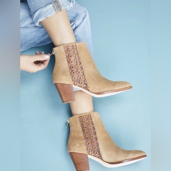 Anthropologie Shoes - Anthropologie Camel Suede Sheer Side Ankle Boots